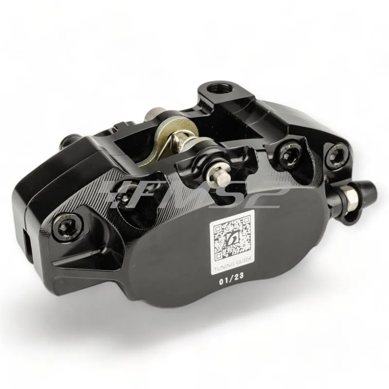 Pinza freno Stage6 MK2 RT a 4 pistoncini anodizzata nera e lavorazioni CNC completa di pastiglie organiche per utilizzo stradale e sportivo, ricambio S61400376BK
