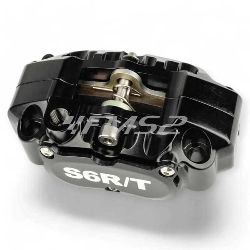 Pinza freno Stage6 MK2 RT a 4 pistoncini anodizzata nera e lavorazioni CNC completa di pastiglie organiche per utilizzo stradale e sportivo, ricambio S61400376BK