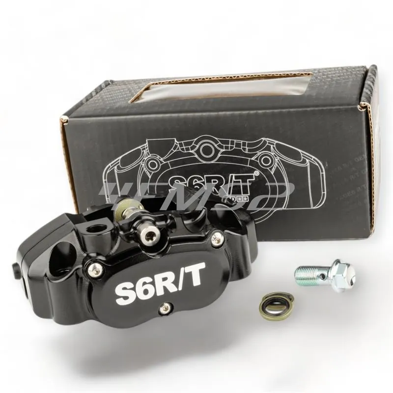 Pinza freno Stage6 MK2 RT a 4 pistoncini anodizzata nera e lavorazioni CNC completa di pastiglie organiche per utilizzo stradale e sportivo, ricambio S61400376BK