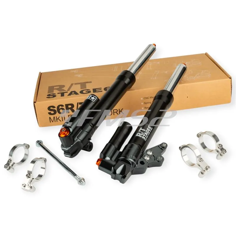 S6-1450502/PACK1 Forcella coppia gambali e steli forcella anteriore Stage6 R/T MK2 in alluminio anodizzato nero con lavorazione CNC e supporti parafango per scooter Mbk Nitro e Yamaha Aerox 50 cc