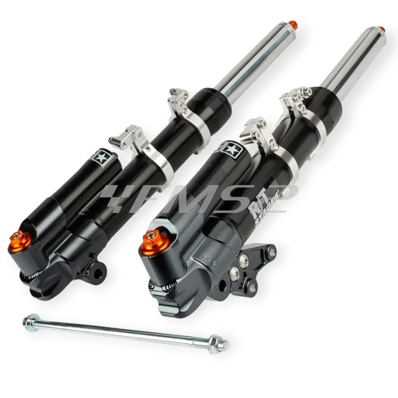 S6-1450502/PACK1 Forcella coppia gambali e steli forcella anteriore Stage6 R/T MK2 in alluminio anodizzato nero con lavorazione CNC e supporti parafango per scooter Mbk Nitro e Yamaha Aerox 50 cc