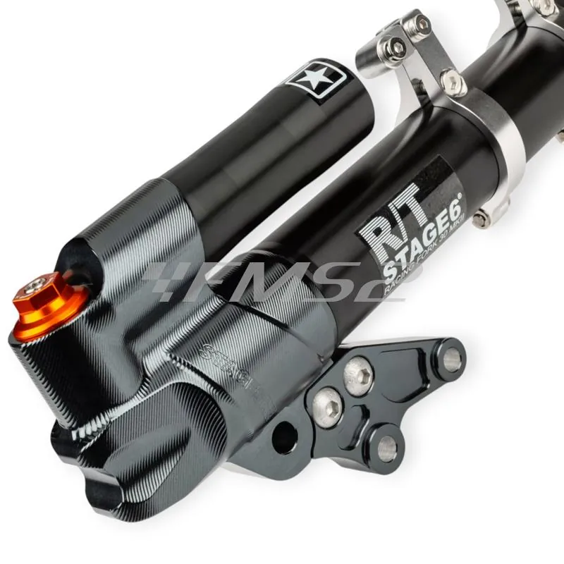 S6-1450502/PACK1 Forcella coppia gambali e steli forcella anteriore Stage6 R/T MK2 in alluminio anodizzato nero con lavorazione CNC e supporti parafango per scooter Mbk Nitro e Yamaha Aerox 50 cc