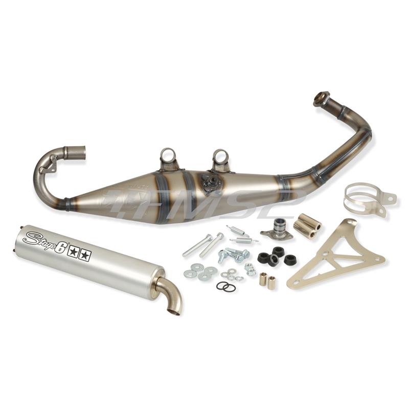 Marmitta stage6 pro replica MK2 con silenziatore in alluminio di colore argento per scooter 50 con motore Piaggio aria e liquido, ricambio S69114004AL