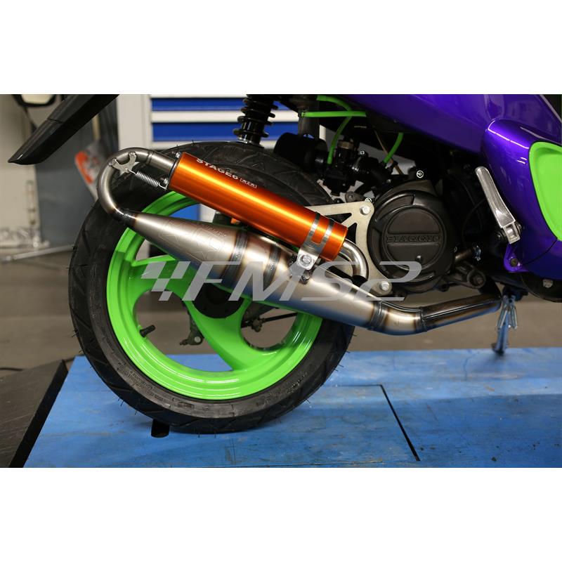 Marmitta stage6 pro replica mk2 con silenziatore arancio per scooter con motore Piaggio raffreddati ad aria e liquido a braccio corto e lungo, ricambio S69114004OR