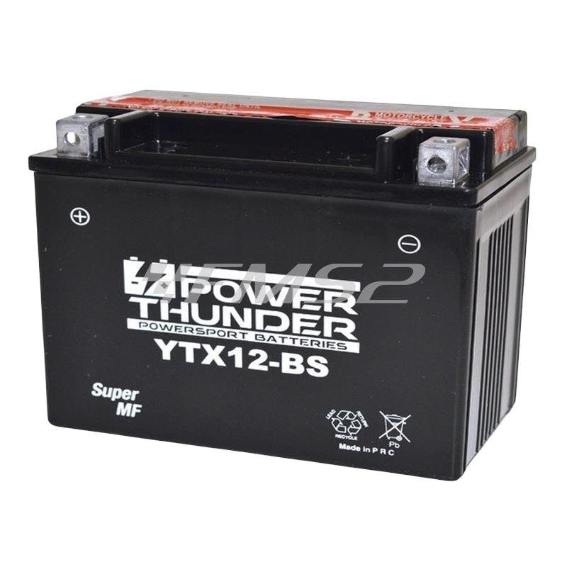 Batteria PT YTX12-BS, 12 Volt - 10 Ah sigillata, tipo MF, senza manutenzione a limitata autoscarica, con acido a corredo per scooter, motocicli, ATV, ricambio 0645109