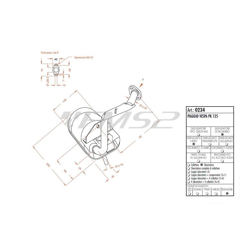 Marmitta Sito per Piaggio vespa pk 125 cc, ricambio 0234