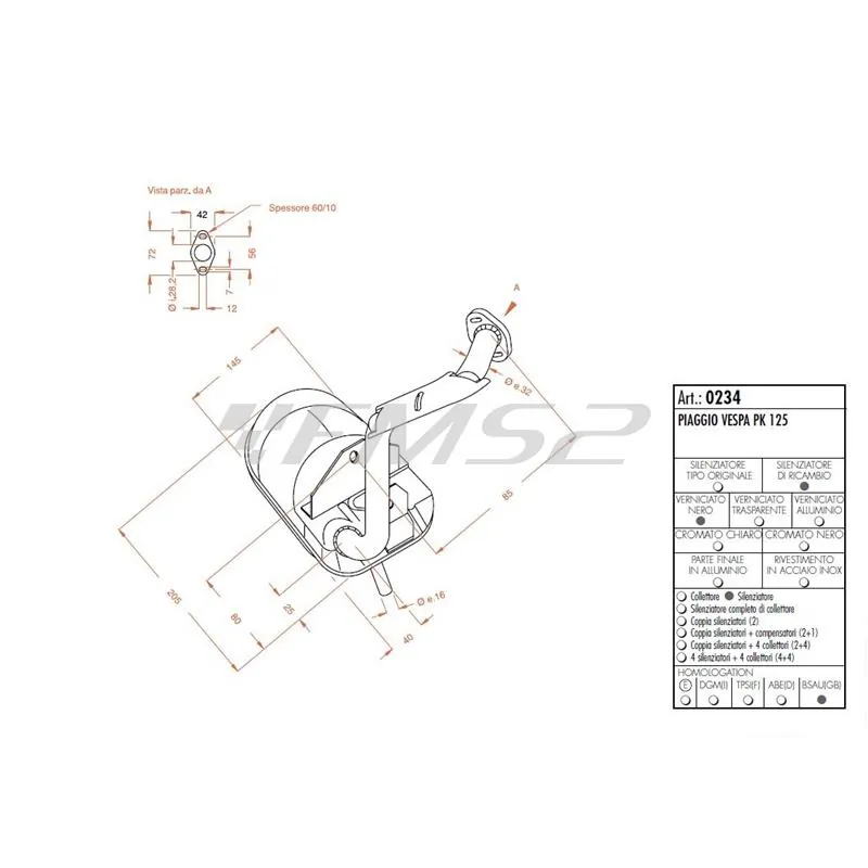 0234 Marmitta Sito per Piaggio vespa pk 125 cc