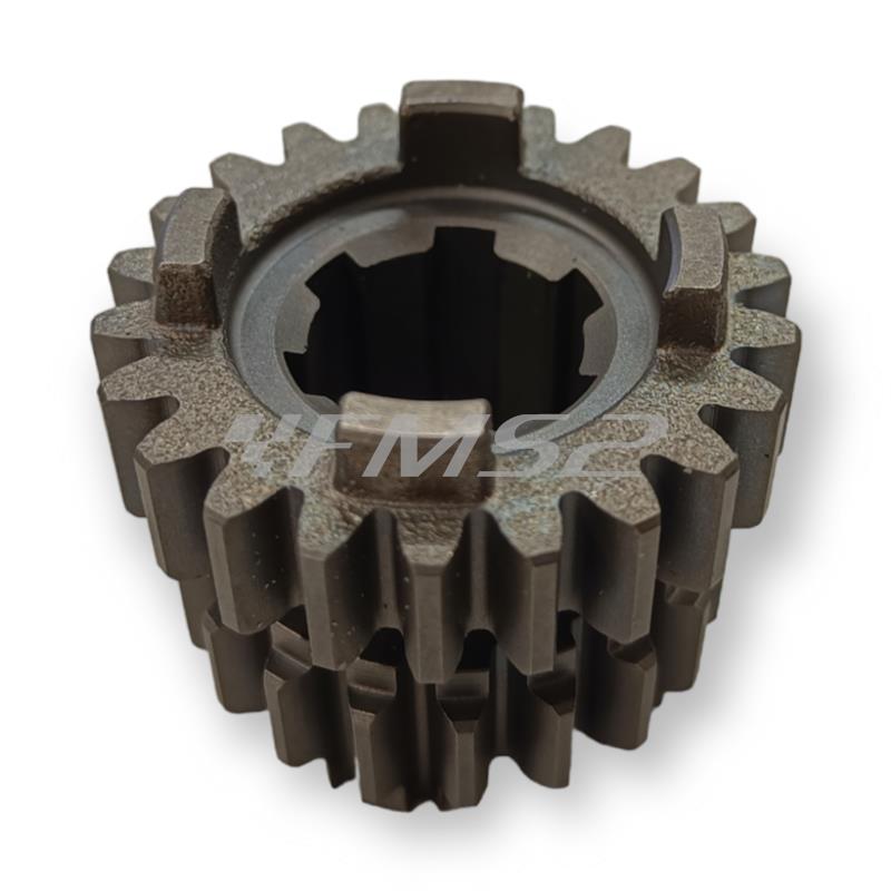 Ingranaggio TOP-DR doppio per 3° e 4° marcia montato sull'albero primario con numero denti Z 19 e 22 cambio 2° serie motori Minarelli AM6 2° serie prodotti dal 2012 in poi, ricambio AM00034