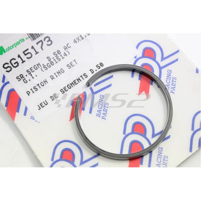 Fasce elastiche pistone DR in ghisa AC 4 x 1,5 mm e diametro 50 mm con fissaggio grano interno per gruppi termici Piaggio vespa small, ricambio SG15173