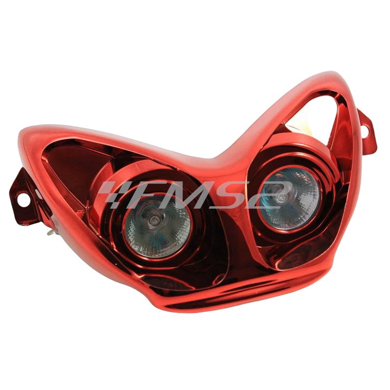 Mascherina fanale anteriore top performance per scooter MBK Nitro e Yamaha Aerox di colore rosso cromato con 2 lampade alogene, ricambio T201356