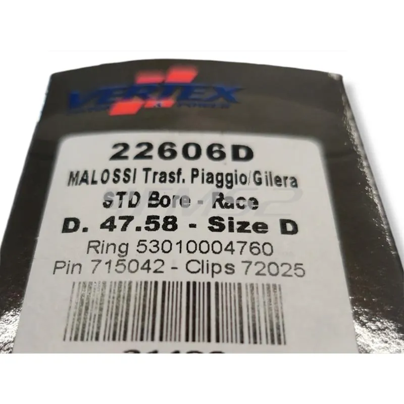 Pistone Vertex monofascia diametro 47,6 mm e selezione D (47,58) spinotto 12 mm per gruppi termici Malossi mhr alluminio scooter Piaggio Liquid cooler, ricambio 22606D