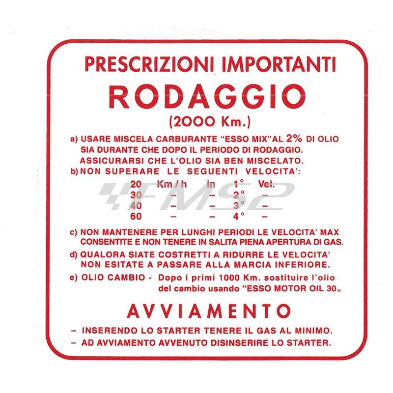 Adesivo di colore rosso norme di rodaggio per Vespa a 4 marce e miscela al 2% (LV2), ricambio 60008695