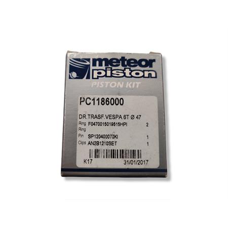 Pistone meteor completo di fasce elastiche, spinotto e seeger da abbinare al gruppo termico DR vespa 6 travasi con diametro 47,0 mm per Piaggio Vespa 50, Ape 50, PK50, ricambio PC1186000