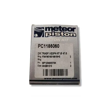Pistone meteor completo di fasce elastiche, spinotto e seeger da abbinare al gruppo termico DR vespa 6 travasi con diametro 47,6 mm per Piaggio Vespa 50, Ape 50, PK50, ricambio PC1186060
