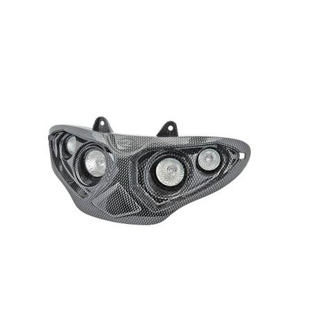 Maschera fanale anteriore TNT con 4 fari alogeni per Gilera Runner 50, 125 e 180 cc 1° serie prodotti fino al 2002 con colore tipo carbonio, ricambio 201385B