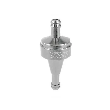 Filtro benzina TNT in alluminio con lavorazione cnc di colore argento lucido e con codolo attacco tubo con diametro 6 mm da entrambe le parti, ricambio 425020
