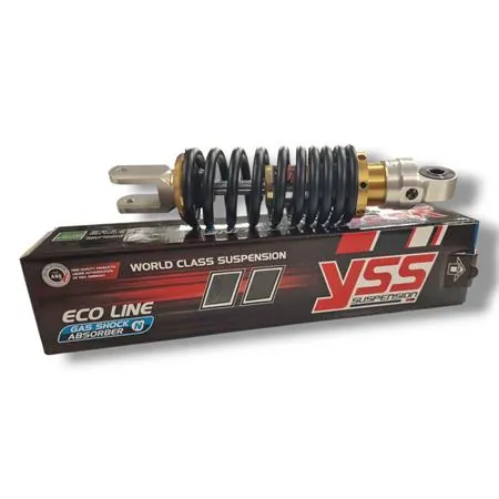 Mono ammortizzatore posteriore YSS con interasse da 250 mm modello OE302-250T-01AL-38 di colore nero, oro e alluminio e regolabile con ghiera filettata, ricambio YSOE25001