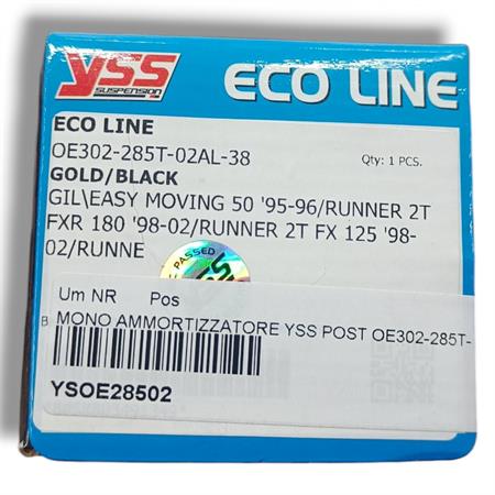 Mono ammortizzatore YSS posteriore versione Black-Gold codice OE302-285T-02AL-38, ricambio YSOE28502