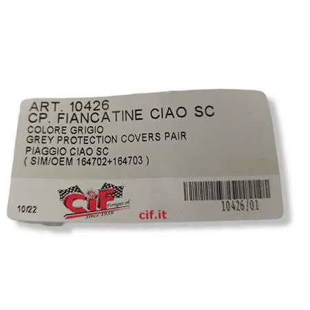 Coppia fiancatine laterali CIF made in Italy per ciclomotore Piaggio Ciao SC in plastica di colore grigio venduti senza perni, senza molle e senza scritta, ricambio 10426