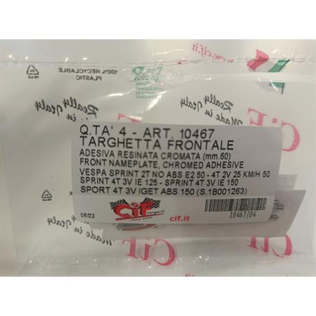 Targhetta adesiva CIF originale SPRINT versione piccola da 60,0 mm resinata, cromata e adesiva per scudo anteriore Vespa Sprint 50 e 125 4 tempi dal 2014 in poi, ricambio 10467