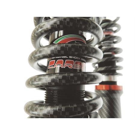 Kit ammortizzatori Carbone serie carbon look sport regolabili nel precarico molla e versione limited edition per Piaggio vespa 125, 150 E 200 cc tutte le versioni con freno anteriore a tamburo, ricambio 10753-KT