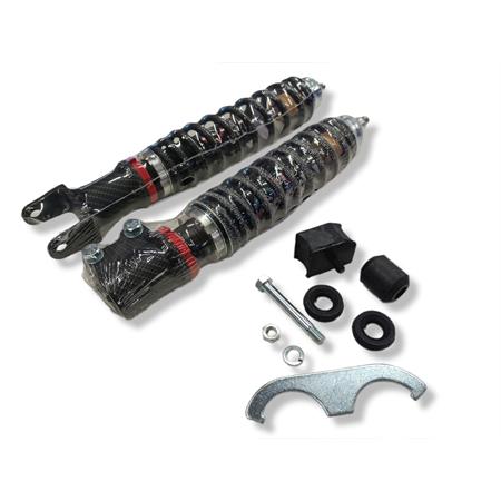 Kit ammortizzatori Carbone HI-TECH serie carbon look sport regolabili nel precarico molla e versione limited edition per Piaggio vespa PX 125, 150 e 200 cc tutte le versioni con freno anteriore a tamburo, ricambio 10758-KT