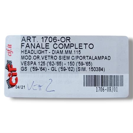 Gruppo ottico fanale anteriore in vetro originale Siem per Piaggio vespa 125 e 150 prodotte dal 1959 al 1965 e vespa GS 150 e vespa GL 150 pro, ricambio 1706-OR