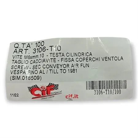 3106-T10 Vite testa cilindrica con cacciavite a taglio M6 x 10,0 mm tipo originale Piaggio per fissaggio copri ventola Vespa 50 special, 125 primavera Et3