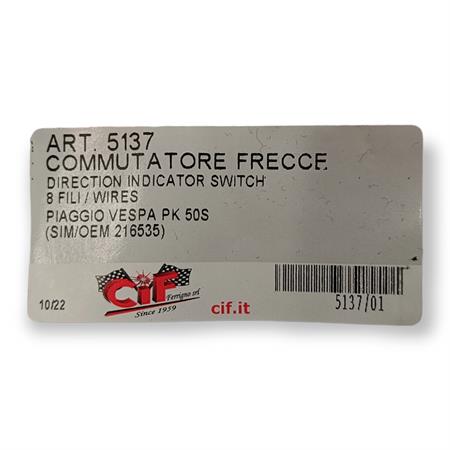 Commutatore frecce sinistro Grabor Cif Per Piaggio Vespa PK50S con doppio connettore e 8 fili come originale Piaggio 216535, ricambio 5137