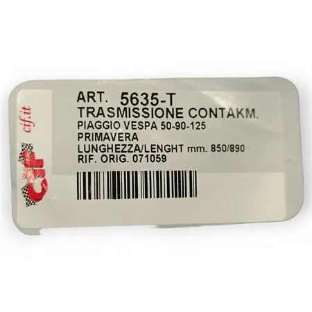 Filo e guaina di trasmissione contachilometri completa per Vespa 50, 125 Primavera, 125 ET3 con lunghezza totale guaina 850, 890 mm ed attacco con ghiera filettata, ricambio 5635-T