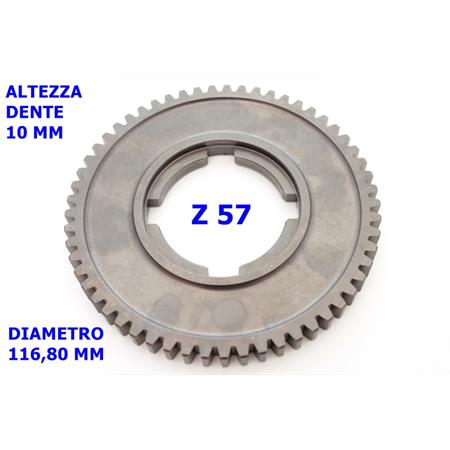 Ingranaggio cambio 1° velocita' z 57 con denti passo fine e spessore denti 10 mm per vespa PX 125 e 150 e vespa VLB1T e VNL1T, ricambio 6581