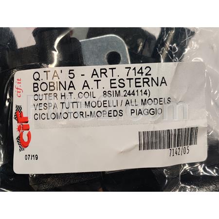 Bobina A.T. alta tensione esterna nera tipo originale Piaggio by Cif per applicazione su ciclomotori e vespa Piaggio, ricambio 7142