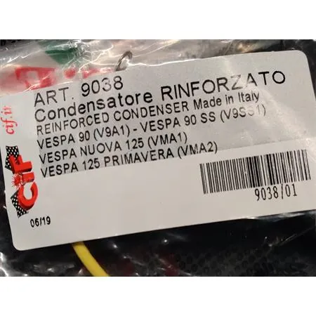 9038 Condensatore rinforzato e potenziato Ceab distribuito da Cif per Piaggio Vespa 90 V9A1T, Vespa 90 SS V9SS1T, Vespa nuova 125 VMA1T e Vespa 125 primavera VMA2T