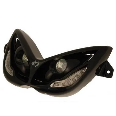 Maschera fanale anteriore one italia di colore nero con 2 lampade alogene e led di colore azzurro per scooter MBK Nitro e Yamaha Aerox, ricambio 77201351L