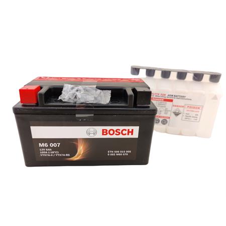 Batteria BOSCH  YTX7A-BS, 12 Volt - 6 Ah, tipo MF sigillata con acido a corredo, ricambio 0092M60070