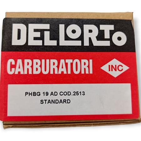 Carburatore Dell'orto serie PHBG19 AD con taratura standard, attacco femmina e viti regolazione sul lato destro per applicazioni varie su ciclomotori con collettore in alluminio, ricambio 02513