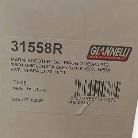 Marmitta Giannelli modello GO tipo originale per Scooter Piaggio Vespa ET2 e LX 50 cc 2 tempi prodotte dal 1996 al 2011, ricambio 31558R