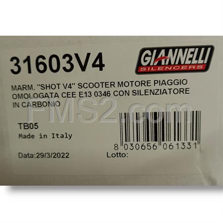 Marmitta Giannelli shot V4 per scooter con motore Piaggio omologata e silenziatore in carbonio, ricambio 31603V4