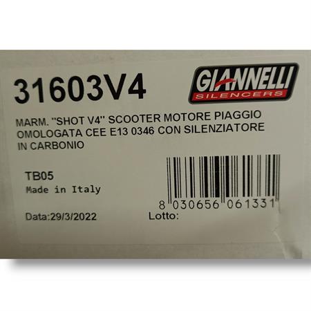 Marmitta Giannelli shot V4 per scooter con motore Piaggio omologata e silenziatore in carbonio, ricambio 31603V4