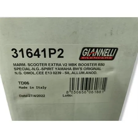 Marmitta Giannelli scooter extra v2 per scooter MBK Booster 50 tutte le versioni e Yamaha BW'S  50 tutte le versioni, ricambio 31641P2