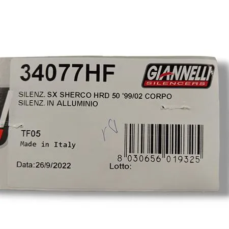Silenziatore Giannelli in alluminio con forma tonda da abbinare alla pancia espansione codice 34076HF per ciclomotore enduro Sherco HRD 50 cc prodotti dal 1999 fino al 2002, codice 34077HF