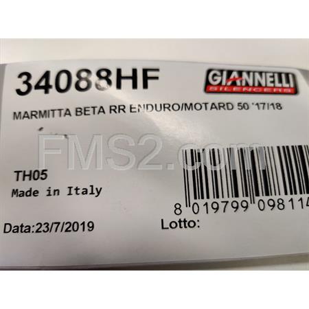 Marmitta Giannelli per ciclomotore Beta RR 50 modello enduro e motard prodotti dal 2017 in poi e con type C3, ricambio 34088HF