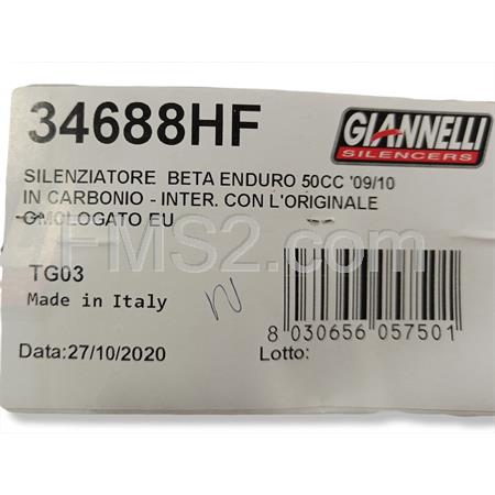 Silenziatore marmitta Giannelli per ciclomotore Beta 50 enduro dal 2009 al 2011 in carbonio ed omologato, ricambio 34688HF