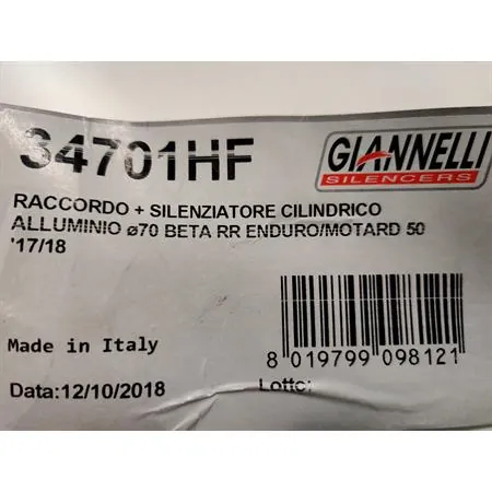 34701HF Silenziatore cilindrico Giannelli in alluminio completo di raccordo e bulloneria per ciclomotore Beta RR 50 modello enduro e motard prodotti dal 2017 in poi e con type C3