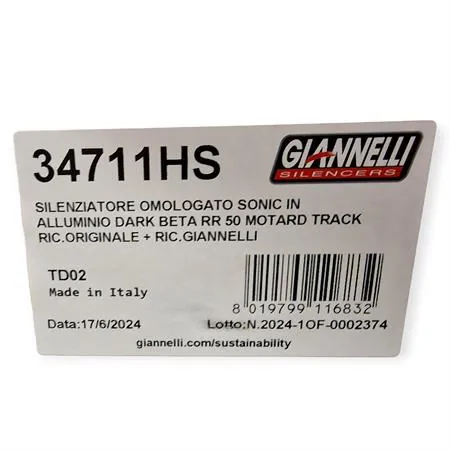 Silenziatore Giannelli Sonic 34711HS per BETA ENDURO/MOTARD RR 50cc prodotti dal 2021 fino al 2022 (type C5) con Ø innesto 22mm omologato in alluminio anodizzato nero