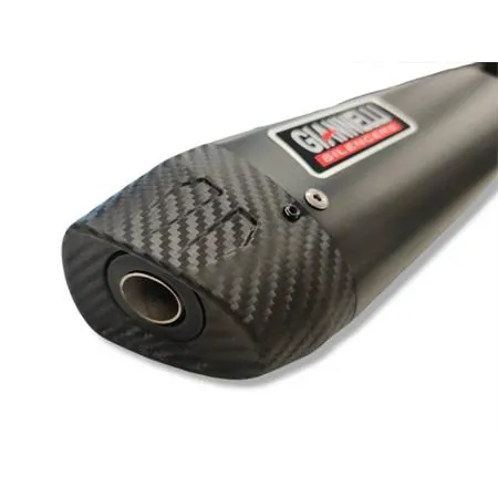 Silenziatore omologato sonic in alluminio anodizzato nero con fondello in carbonio da abbinare alla pancia originale oppure alla Giannelli 34093HF per Fantic Motor euro 5 prodotti dal 2021 in poi, ricambio 34713HS