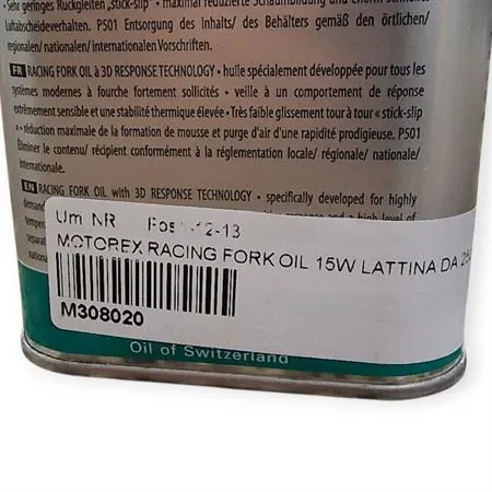 Olio forcelle racing Motorex con densità 15W - lattina da 250 ml, ricambio M308020