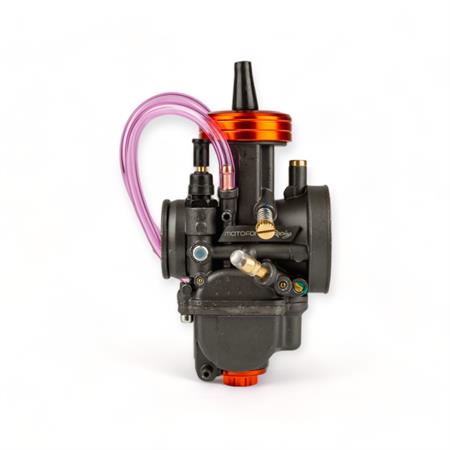 Carburatore PWK Motoforce Racing 24 mm di colore antracite e particolari anodizzati arancio con powerjet incluso per applicazioni varie 2 tempi, ricambio MF1620210