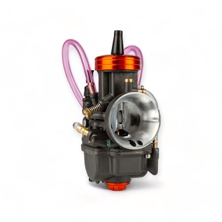 Carburatore PWK Motoforce Racing 24 mm di colore antracite e particolari anodizzati arancio con powerjet incluso per applicazioni varie 2 tempi, ricambio MF1620210