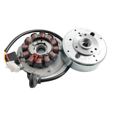 Volano rotore con 1 tacca completo di statore Ducati originali Malaguti versione 12 poli euro 2.3 per scooter Malaguti Phantom F12 Lc euro2.3, F12R Lc, F15 Lc, F10 euro 2.3 e Ciak Master euro 2.3, ricambio 78202600